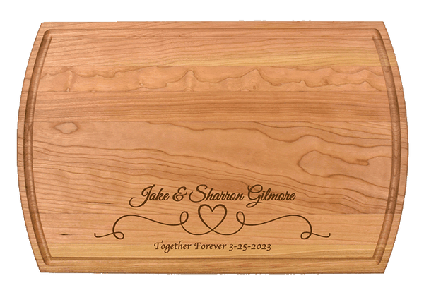 This personalized Charcuterie Board makes a memorable gift for weddings, Anniversaries, or other special occasions. Truly unique, this premium hardwood board is easy to maintain. Its lasting beauty makes it one of our top-selling gifts.  Dimensions:  10 1/2" x 16" x 3/4"