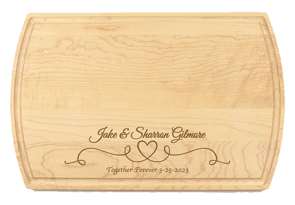 This personalized Charcuterie Board makes a memorable gift for weddings, Anniversaries, or other special occasions. Truly unique, this premium hardwood board is easy to maintain. Its lasting beauty makes it one of our top-selling gifts.  Dimensions:  10 1/2" x 16" x 3/4"