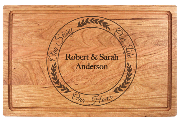 This Our Story Charcuterie Board makes a memorable gift for weddings, housewarmings, corporate recognition, or other special occasions. Truly unique, this premium hardwood board is easy to maintain. Its lasting beauty makes it one of our top-selling gifts.  Dimensions:  10 1/2" x 17" x 3/4"