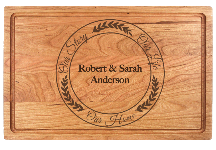 This Our Story Charcuterie Board makes a memorable gift for weddings, housewarmings, corporate recognition, or other special occasions. Truly unique, this premium hardwood board is easy to maintain. Its lasting beauty makes it one of our top-selling gifts.  Dimensions:  10 1/2" x 17" x 3/4"