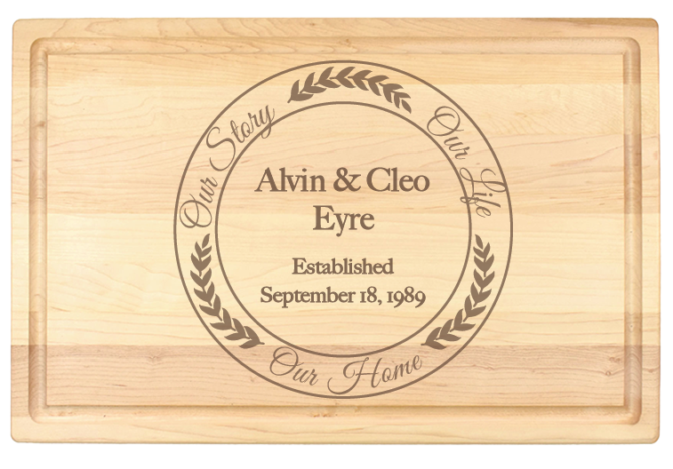 This Our Story Charcuterie Board makes a memorable gift for weddings, housewarmings, corporate recognition, or other special occasions. Truly unique, this premium hardwood board is easy to maintain. Its lasting beauty makes it one of our top-selling gifts.  Dimensions:  10 1/2" x 17" x 3/4"