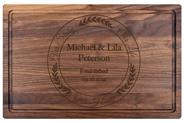 This Our Story Charcuterie Board makes a memorable gift for weddings, housewarmings, corporate recognition, or other special occasions. Truly unique, this premium hardwood board is easy to maintain. Its lasting beauty makes it one of our top-selling gifts.  Dimensions:  10 1/2" x 17" x 3/4"