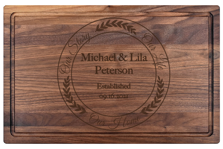 This Our Story Charcuterie Board makes a memorable gift for weddings, housewarmings, corporate recognition, or other special occasions. Truly unique, this premium hardwood board is easy to maintain. Its lasting beauty makes it one of our top-selling gifts.  Dimensions:  10 1/2" x 17" x 3/4"