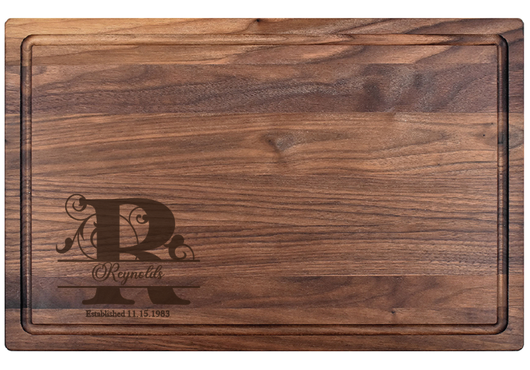 The Mini Monogram Charcuterie Board makes a memorable gift for weddings, housewarmings, corporate recognition, or other special occasions. Truly unique, this premium hardwood board is easy to maintain. Its lasting beauty makes it one of our top-selling gifts.  Dimensions:  10 1/2" x 17" x 3/4"