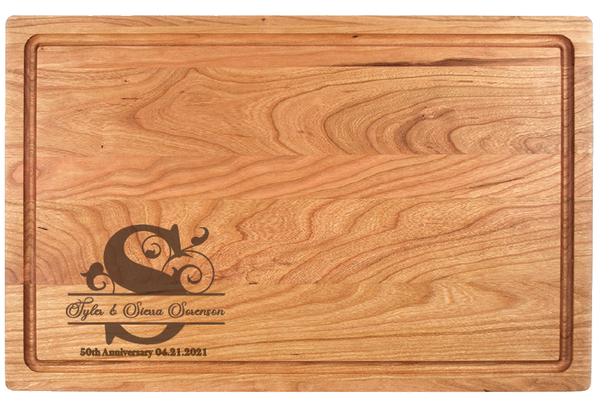 The Mini Monogram Charcuterie Board makes a memorable gift for weddings, housewarmings, corporate recognition, or other special occasions. Truly unique, this premium hardwood board is easy to maintain. Its lasting beauty makes it one of our top-selling gifts.  Dimensions:  10 1/2" x 17" x 3/4"