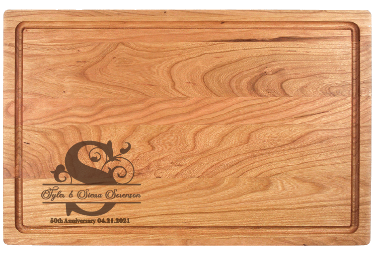 The Mini Monogram Charcuterie Board makes a memorable gift for weddings, housewarmings, corporate recognition, or other special occasions. Truly unique, this premium hardwood board is easy to maintain. Its lasting beauty makes it one of our top-selling gifts.  Dimensions:  10 1/2" x 17" x 3/4"