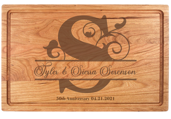 This Monogram Charcuterie Board makes a memorable gift for weddings, housewarmings, corporate recognition, or other special occasions. Truly unique, this premium hardwood board is easy to maintain. Its lasting beauty makes it one of our top-selling gifts.   Dimensions:  10 1/2" x 17" x 3/4"