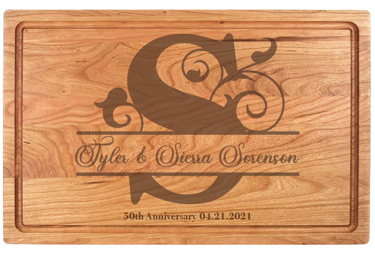 This Monogram Charcuterie Board makes a memorable gift for weddings, housewarmings, corporate recognition, or other special occasions. Truly unique, this premium hardwood board is easy to maintain. Its lasting beauty makes it one of our top-selling gifts.   Dimensions:  10 1/2" x 17" x 3/4"