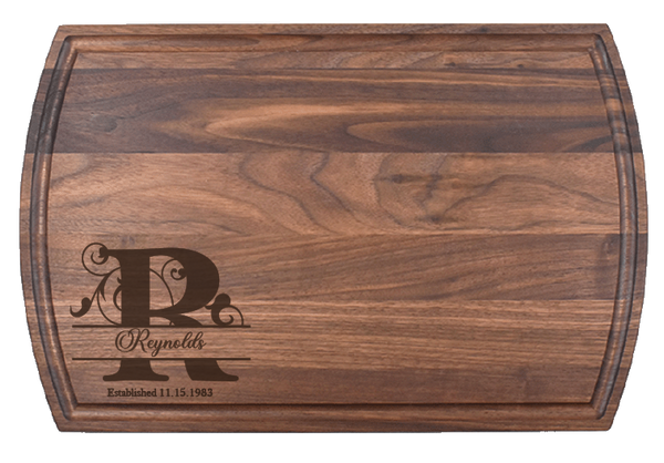 The Mini Monogram Charcuterie Board makes a memorable gift for weddings, housewarmings, corporate recognition, or other special occasions. Truly unique, this premium hardwood board is easy to maintain. Its lasting beauty makes it one of our top-selling gifts.  Dimensions:  10 1/2" x 16" x 3/4"