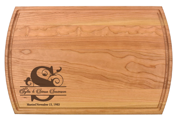 The Mini Monogram Charcuterie Board makes a memorable gift for weddings, housewarmings, corporate recognition, or other special occasions. Truly unique, this premium hardwood board is easy to maintain. Its lasting beauty makes it one of our top-selling gifts.  Dimensions:  10 1/2" x 16" x 3/4"